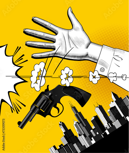 A woman's hand drops a pistol and the sound effect and trace of a shot against a modern cityscype on a yellow background. Vintage engraved drawing in comic book style. Vector illustration