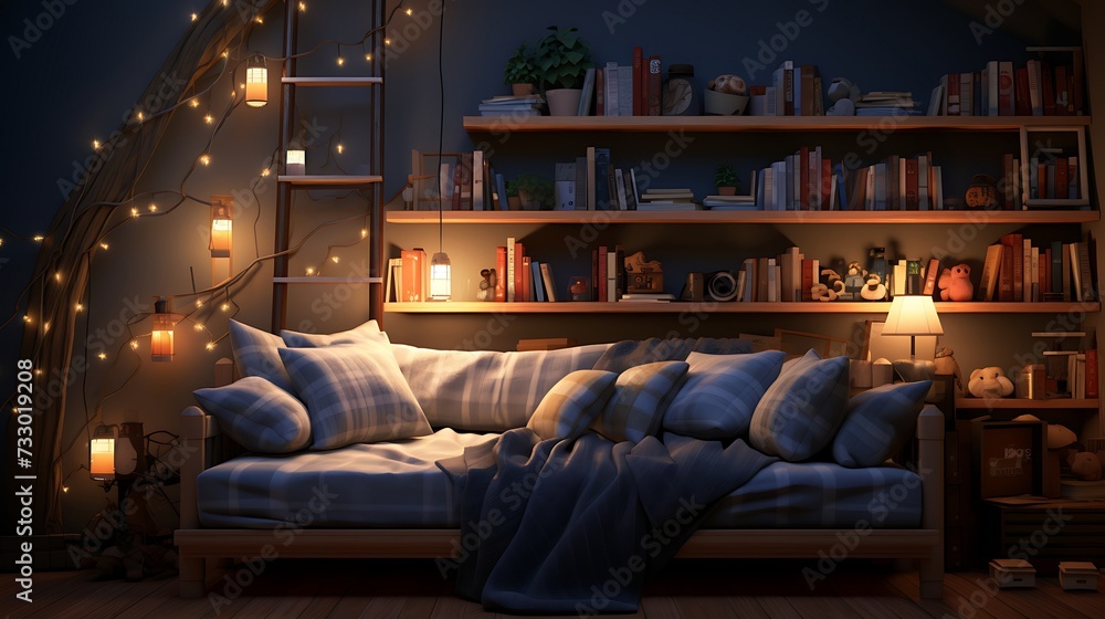 A room with a built-in sleeping nook surrounded by shelves, serving as a cozy retreat - obrazy, fototapety, plakaty 