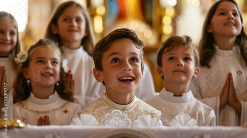 A group of children gathers around the altar for their first communion, their faces alight with excitement and anticipation.