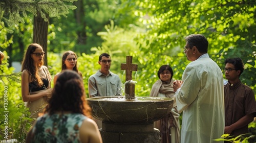 A group of parishioners gathers in the church garden for a baptismal ceremony, their faces radiant with joy and anticipatio.