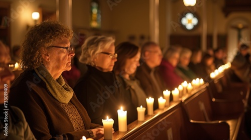 A group of parishioners gathers in the pews for a midweek prayer service, their faces illuminated by the warm glow of candles. photo
