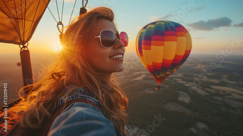 A woman wearing sunglasses and a jacket takes a selfie while a hot air balloon hovers in the background. photo