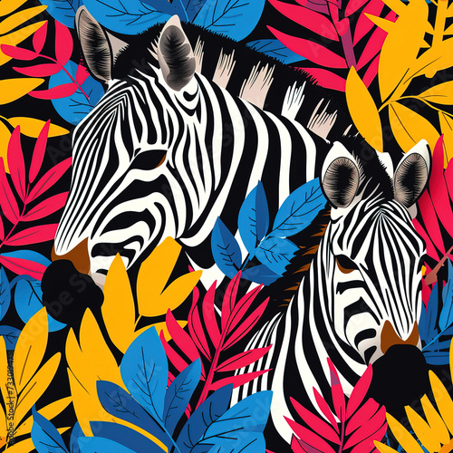 Zebra and tropical leaf Africa cartoon colorful repeat pattern  vibrant bright line art pop art party funky
