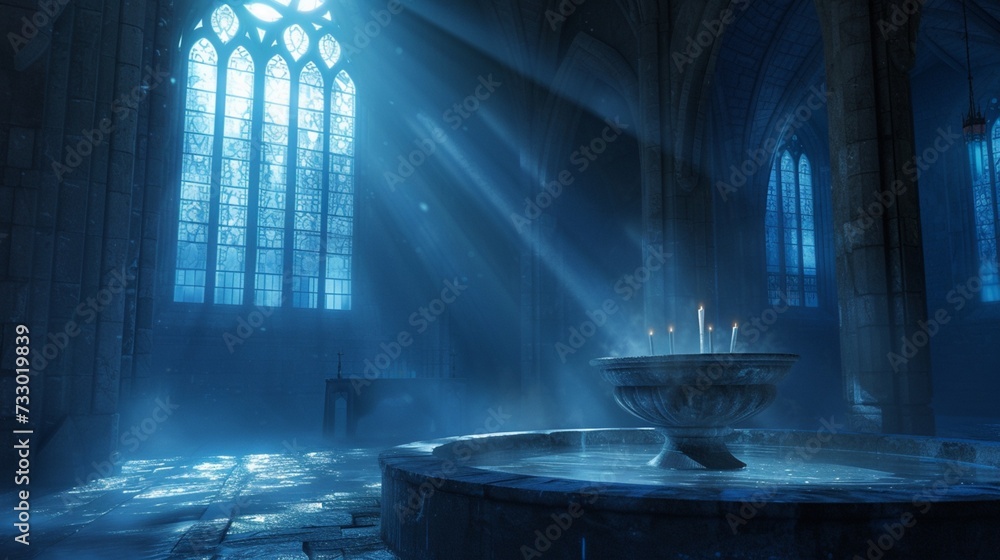 A shaft of moonlight filters through a high window, illuminating the baptismal font in a soft, ethereal glow. The quiet beauty of the scene evokes a sense of wonder and reverence in all who behold it.