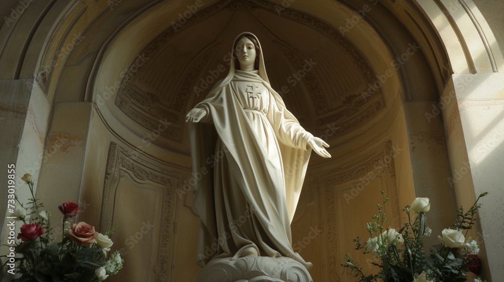 A statue of Saint Therese of Lisieux stands in a alcove, her gentle smile and outstretched arms offering comfort and consolation to all who seek her intercession. 