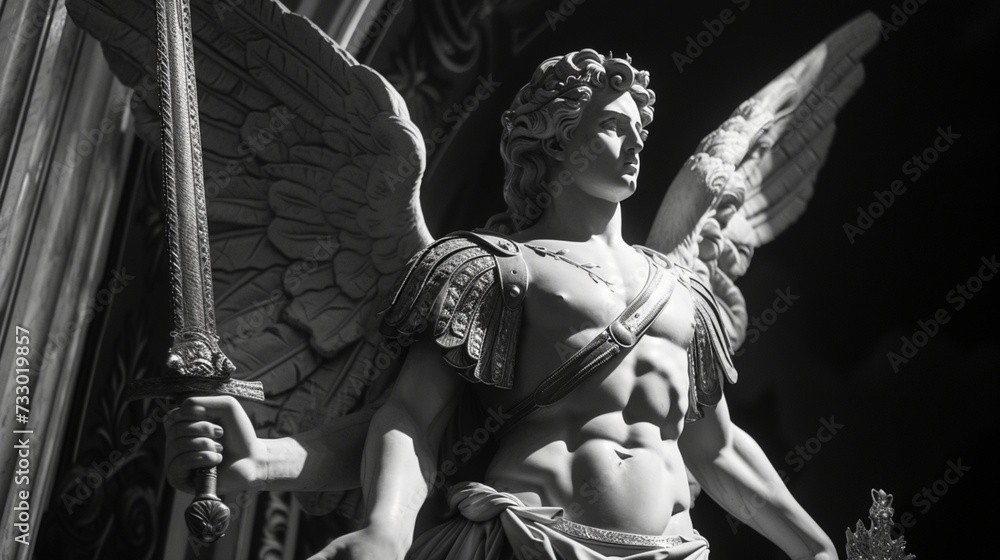 A statue of Saint Michael stands guard at the entrance to the sanctuary, his sword raised in defense against the forces of evil.