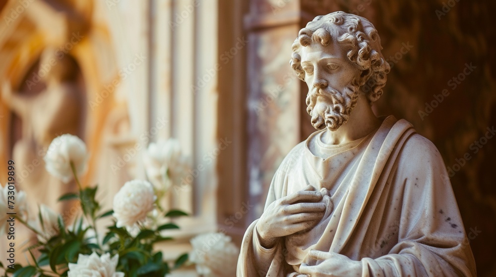 A statue of Saint Joseph stands in a alcove, his strong and gentle presence offering comfort and protection to all who seek his intercession. - obrazy, fototapety, plakaty 
