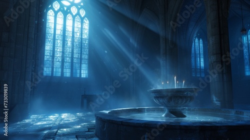 Obraz na płótnie A shaft of moonlight filters through a high window, illuminating the baptismal font in a soft, ethereal glow. The quiet beauty of the scene evokes a sense of wonder and reverence in all who behold it. w salonie