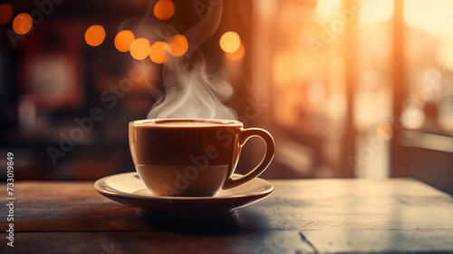 Cup of coffee with steam on bar counter in coffeeshop