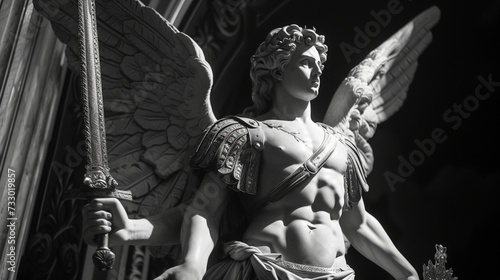 Obraz na płótnie A statue of Saint Michael stands guard at the entrance to the sanctuary, his sword raised in defense against the forces of evil. w salonie
