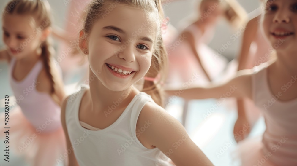Group of Young Ballerinas Smiling in Ballet Class Practice. Group of Young Ballerinas Smiling in Ballet Class Practice.