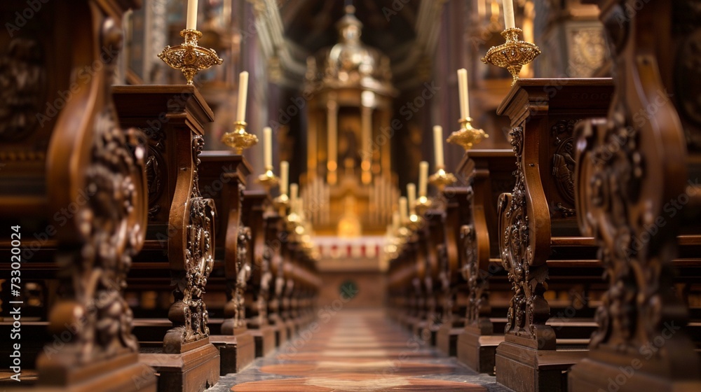 Intricately carved wooden pews arranged in perfect symmetry, leading the eye towards the elaborate altar adorned with golden candlesticks and rich tapestries.