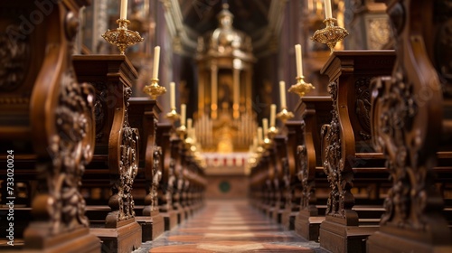 Obraz na płótnie Intricately carved wooden pews arranged in perfect symmetry, leading the eye towards the elaborate altar adorned with golden candlesticks and rich tapestries. w salonie