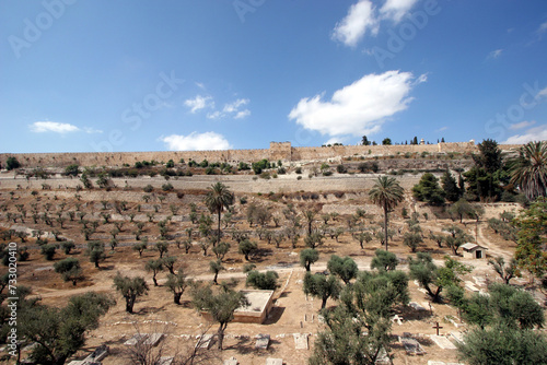 The Christian cemetery on the slopes of the Mount of Olives outside the city walls of Old Jerusalem, Israel