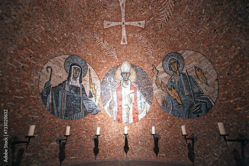 St. Lioba, St. Boniface and St. Mauritius, mosaic in the Church of the Benedictine Abbey of the Dormition, mount Zion in Jerusalem, Israel