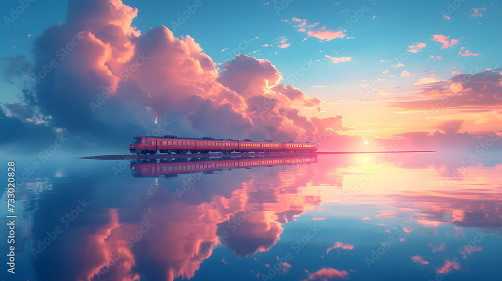 A train is traveling down the tracks, passing by the ocean, during a beautiful sunset. The sky is filled with clouds . The ocean is calm and serene, with small waves lapping at the shore.  - obrazy, fototapety, plakaty 
