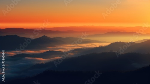 Serene Dawn Light Bathes Misty Rolling Hills in Warmth © _veiksme_