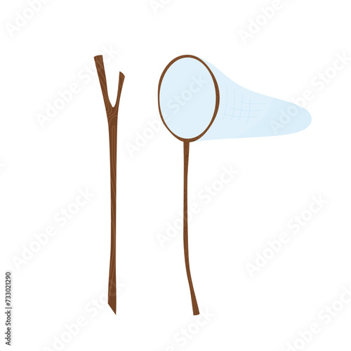 Net. A net for catching butterflies and other insects on a white background. Vector illustration in flat style. Spring decor.