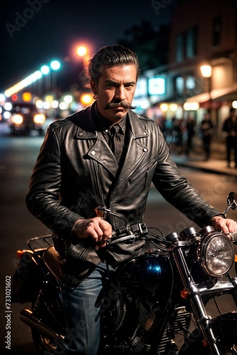 A rugged biker motorcycle gang member with tattoos and leather jacket looking dangerous