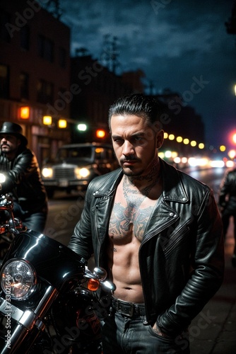 A rugged biker motorcycle gang member with tattoos and leather jacket looking dangerous