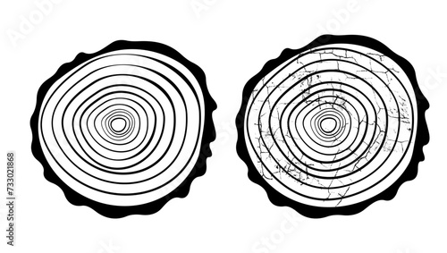 Tree log, wood growth rings, black isolated silhouette