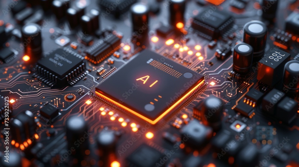 microchip designed for AI on a circuit board - closeup microchip designed for AI on a circuit board - closeup