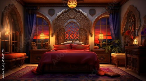 A Moroccan-themed bedroom with hidden cabinets  showcasing intricate patterns and vibrant colors