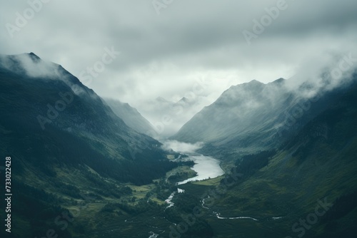 A stunning view of an expansive valley with a powerful river flowing through it, showcasing the beauty of nature. © pham
