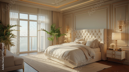 luxury classic bedroom suite in hotel with sea view background