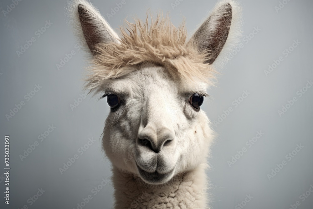 A detailed shot of a llamas face, featuring its expressive eyes, snout, and fluffy fur against a neutral gray background.