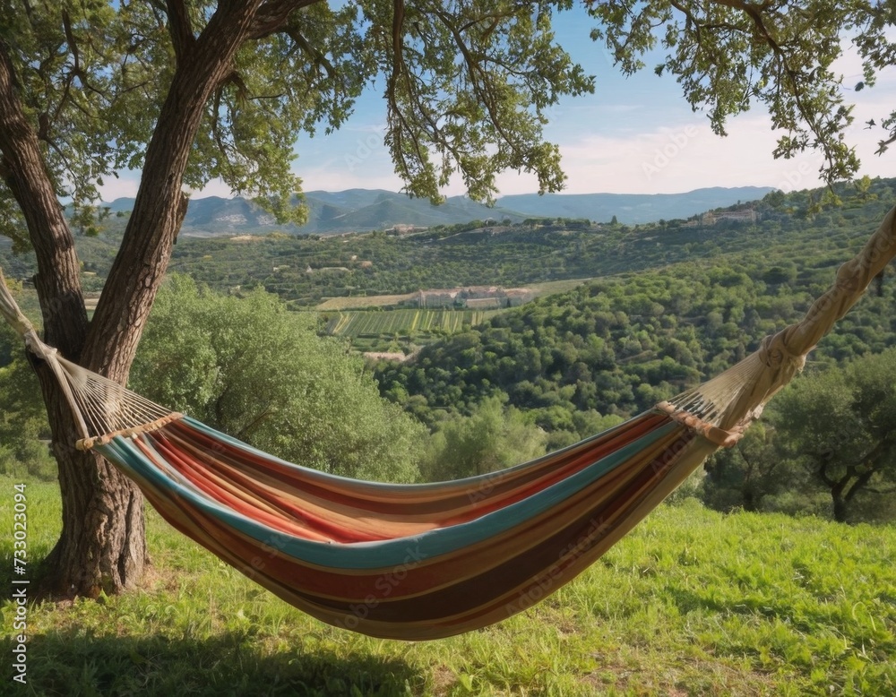 Summer landscape with a hammock and a view of the mountains. Generation of AI. Summer landscape with a hammock and a view of the mountains. Generation of AI.
