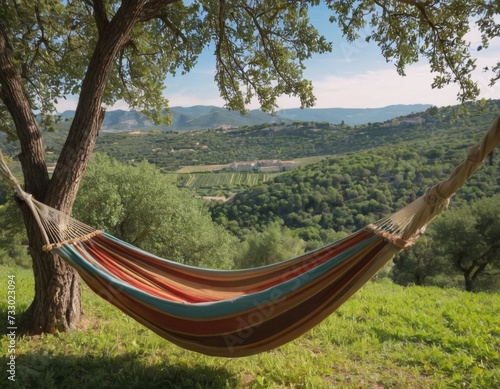 Summer landscape with a hammock and a view of the mountains. Generation of AI.