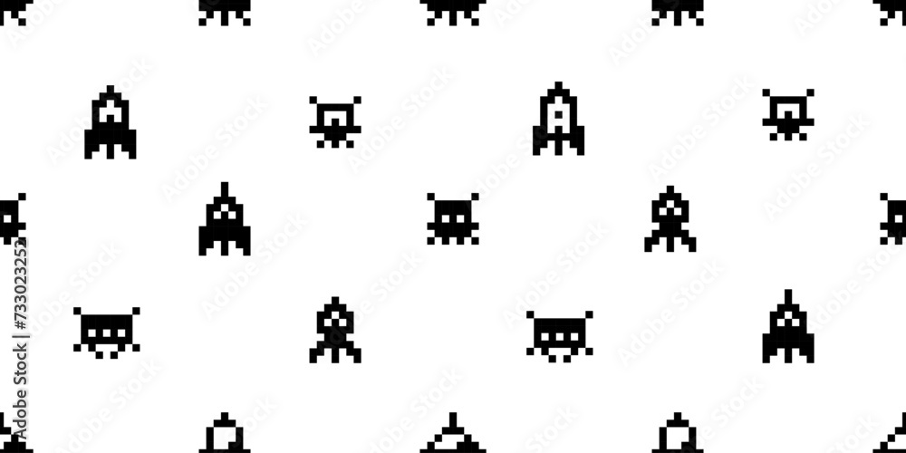 Naklejka premium Simple Pixel 8-bit space arcade icons seamless pattern of retro video game background of ufo aliens and spaceships vector silhouette