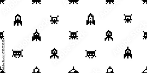 Simple Pixel 8-bit space arcade icons seamless pattern of retro video game background of ufo aliens and spaceships vector silhouette 