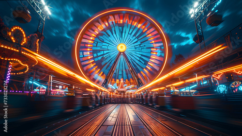 Ferris wheel at a carnival, spinning at night. The wheel is illuminated with blue and red lights, creating a motion blur effect. The background features a dark blue sky with bright stars and red light