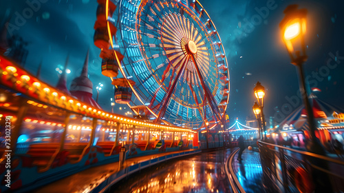 Ferris wheel at a carnival, spinning at night. The wheel is illuminated with blue and red lights, creating a motion blur effect. The background features a dark blue sky with bright stars and red light © wing