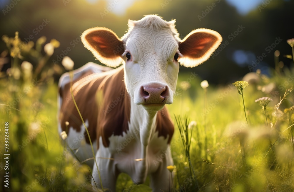 A brown and white cow stands on top of a lush green field, grazing on the grass.