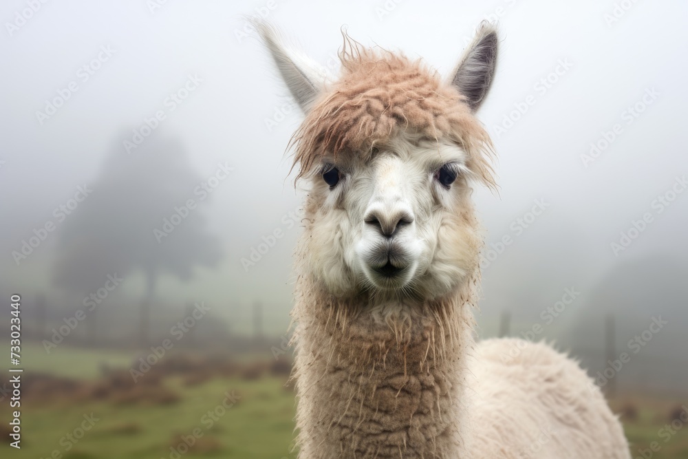 A close-up photo capturing the details of a llama in the midst of a foggy day.