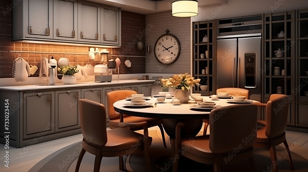 A modern kitchen with a built-in banquet and a round table for cozy family meals