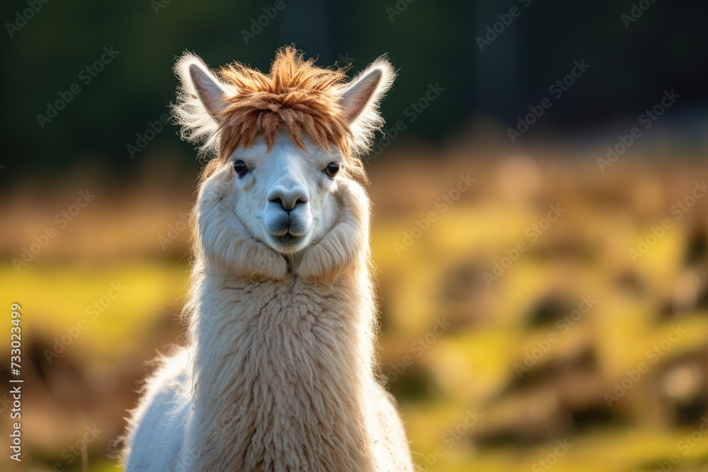 An alpaca with vibrant red hair, seen standing confidently in a spacious field.