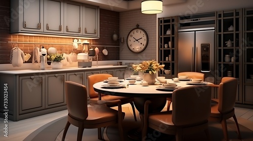 A modern kitchen with a built-in banquet and a round table for cozy family meals