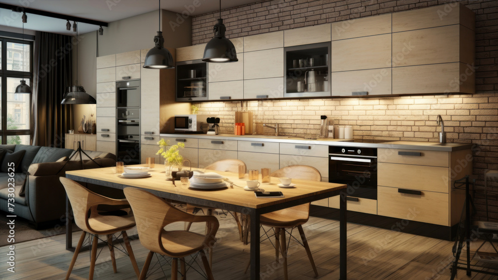 3d Illustration of modern kitchen in a loft style with a beautiful design