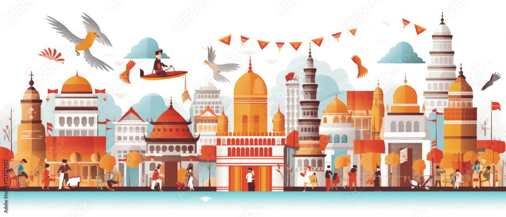 Indonesia Famous Landmarks Skyline Silhouette Style, Colorful, Cityscape, Travel and Tourist Attraction