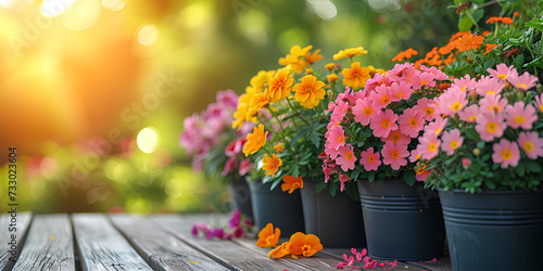 Spring, summer. Colorful flower pots with flowers, watering can and gloves. A banner with a place for the text.