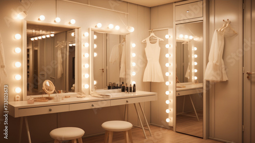 dressing room with mirror and makeup products.