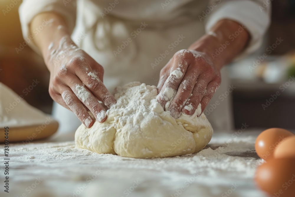 Close up view of pair of hands kneading dough in the kitchen on a white table