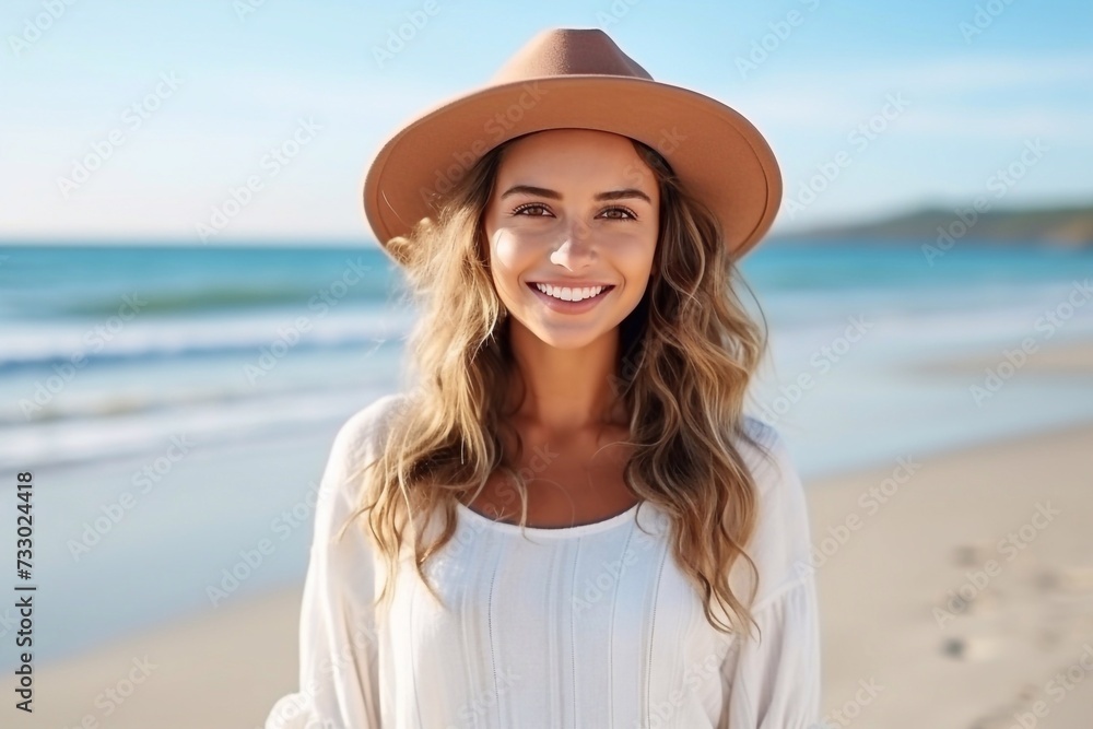 Smiling latin hispanic girl standing on the beach with copy space and looking at the camera in a hat