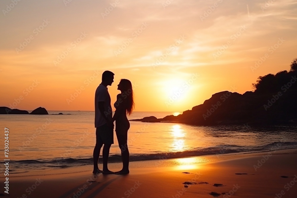 Sunset, beach and back of couple hug in evening on holiday, summer vacation and weekend by ocean