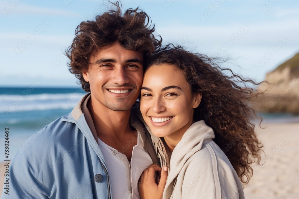 Obraz premium Young happy interracial couple walking on the beach smiling holding each other