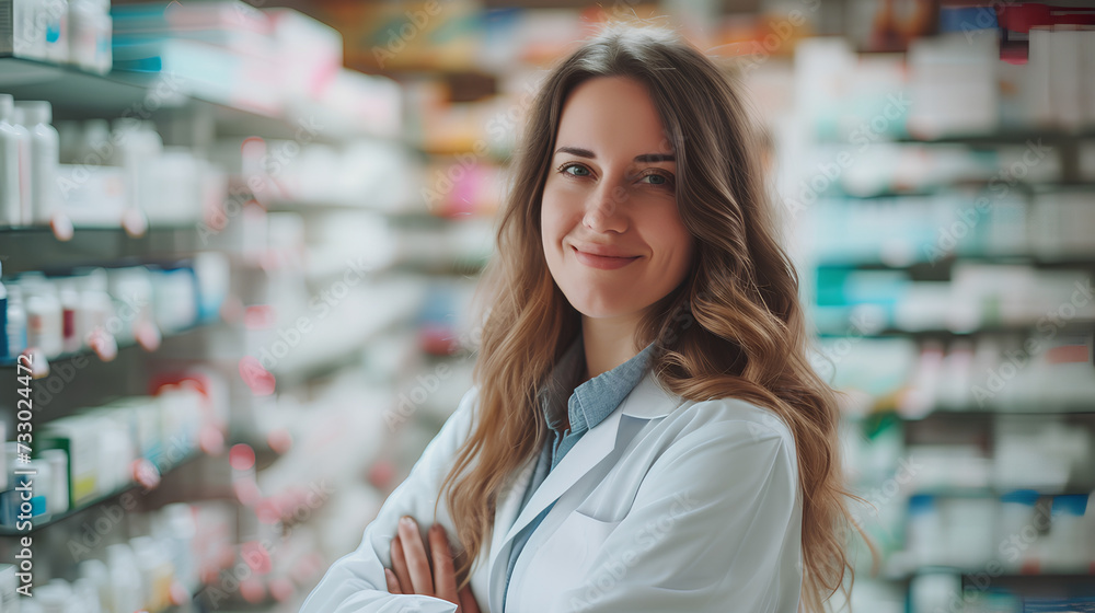 Portrait of a female pharmacist on a blurred background of a pharmacy. Portrait of a female pharmacist on a blurred background of a pharmacy.
